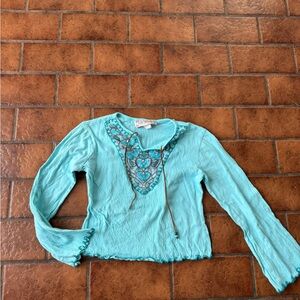 Girls Turquoise Long Sleeve Top with Embroidery